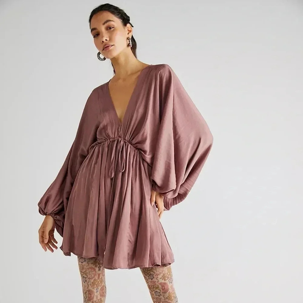 NWT Free People Arzel Long Sleeve Pleated Mini Dress Pink Small